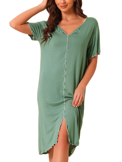 Women Ruffled V Neck Nightshirt Short Sleeve Sleepshirt Pullover Pajama Nightgown