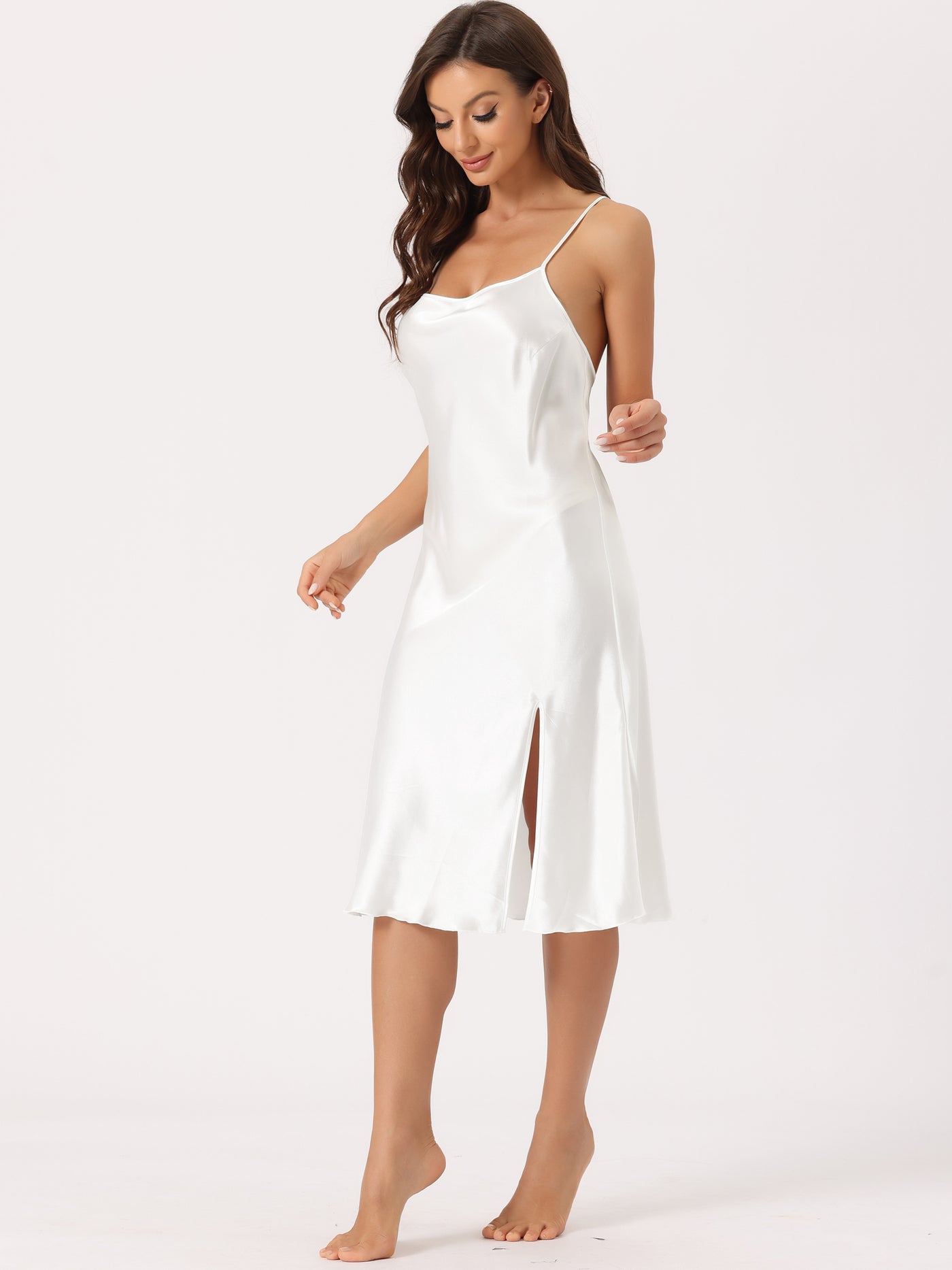 Bublédon Womens Satin Nightshirt Sleeveless Backless Slit Midi Nightgown