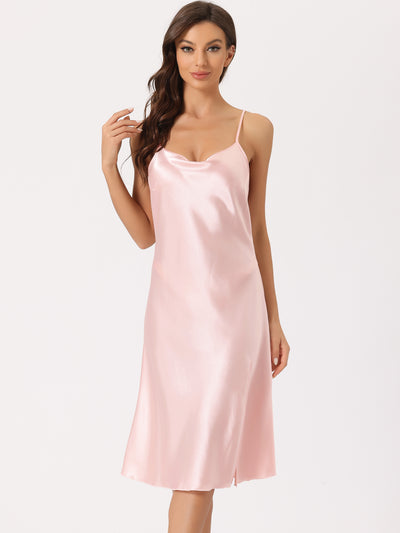 Womens Satin Nightshirt Sleeveless Backless Slit Midi Nightgown