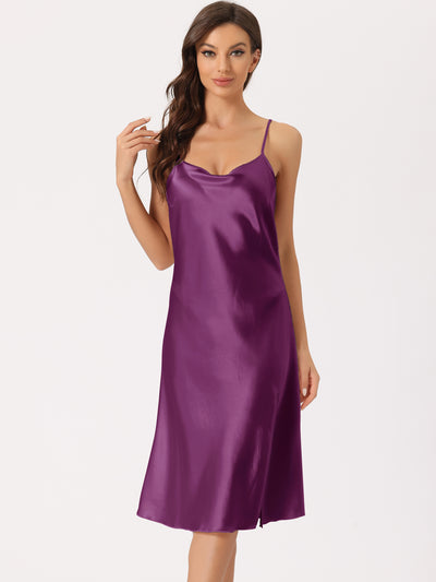 Womens Satin Nightshirt Sleeveless Backless Slit Midi Nightgown