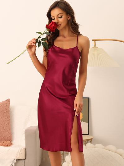 Womens Satin Nightshirt Sleeveless Backless Slit Midi Nightgown