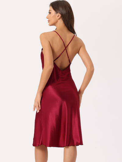 Womens Satin Nightshirt Sleeveless Backless Slit Midi Nightgown