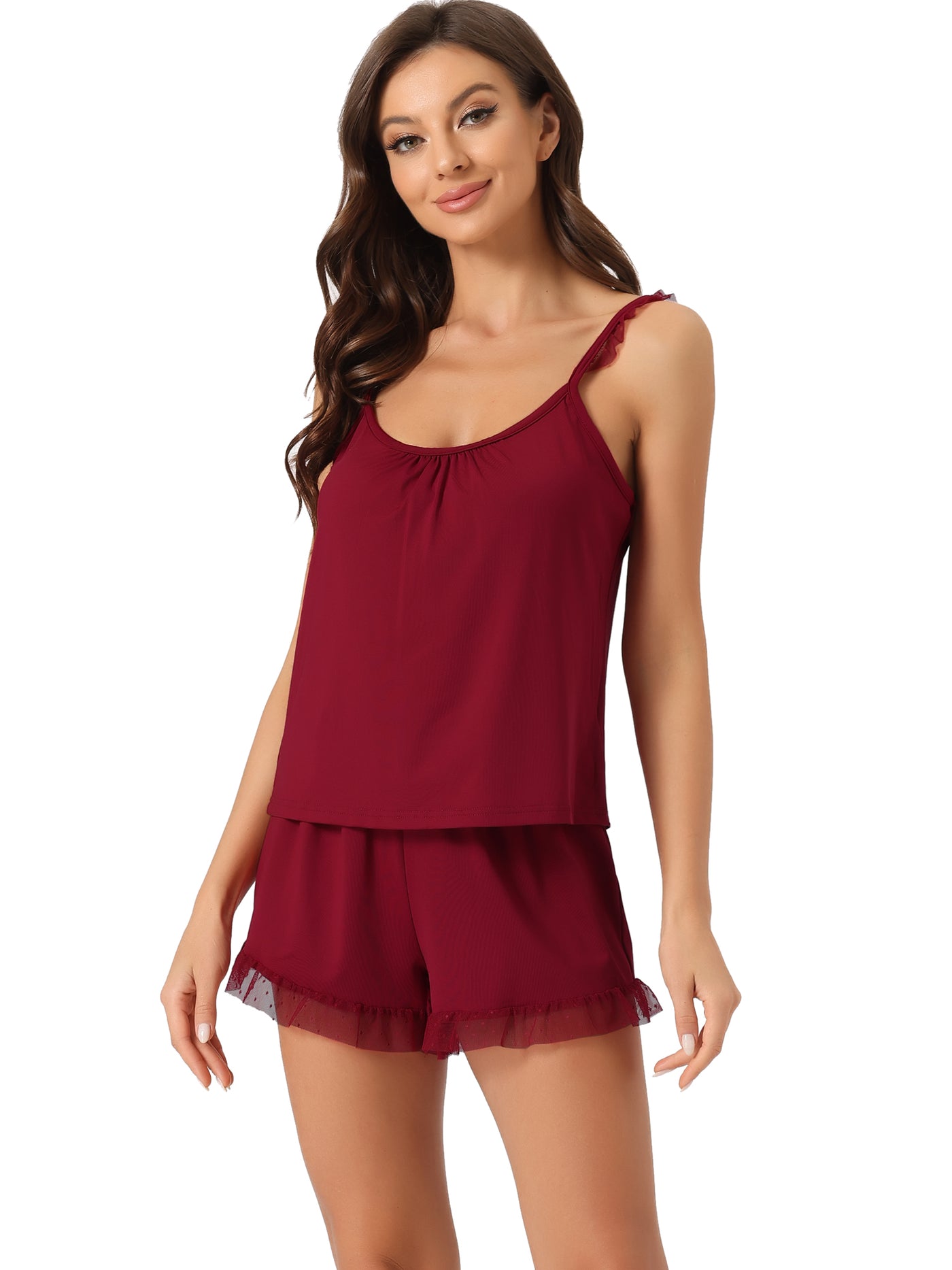 Bublédon Womens Loungewear Round Neck Lace Trim Sleeveless Camisole Tops with Shorts Pajama Sets