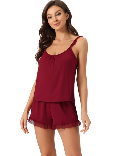 Womens Loungewear Round Neck Lace Trim Sleeveless Camisole Tops with Shorts Pajama Sets