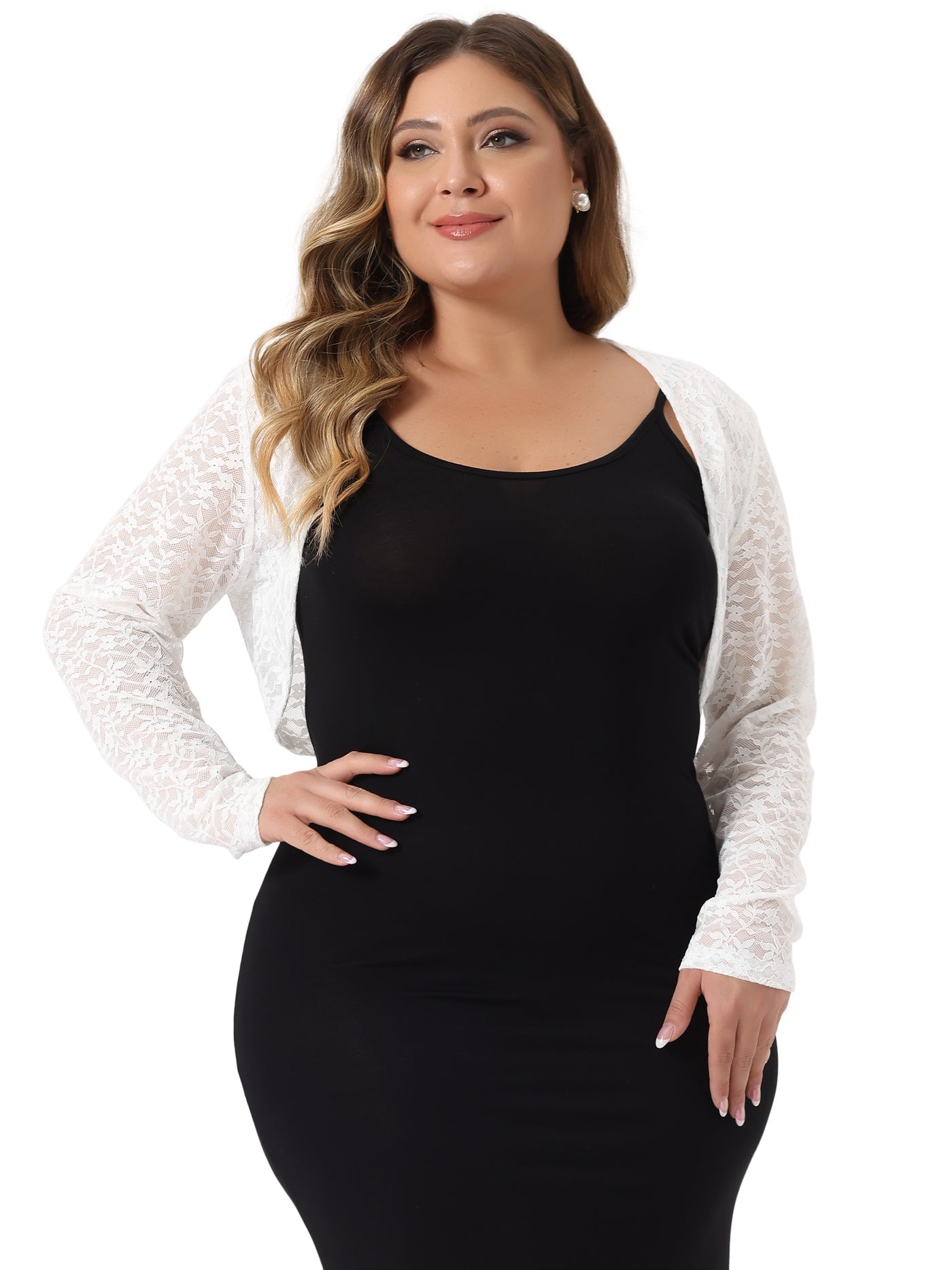 Bublédon Plus Size Sheer Open Front Cropped Long Sleeve Lace Shrug