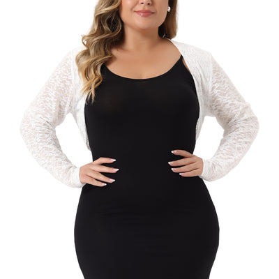 Plus Size Sheer Open Front Cropped Long Sleeve Lace Shrug