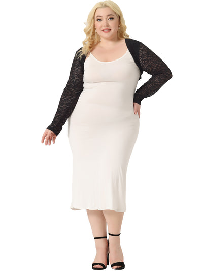 Plus Size Sheer Open Front Cropped Long Sleeve Lace Shrug