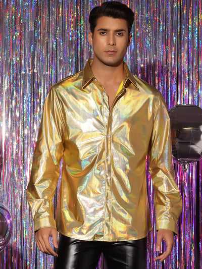 Metallic Shirts for Men's Long Sleeves Button Down Disco Party Holographic Shirt