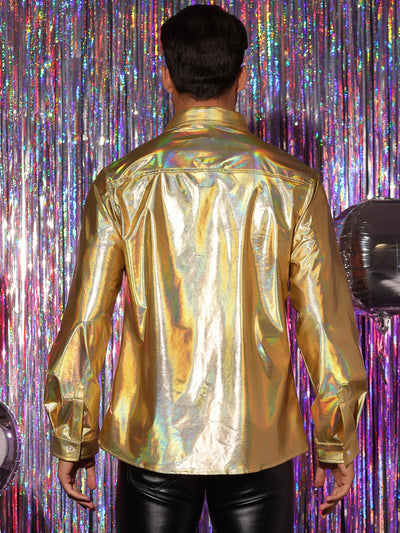 Metallic Shirts for Men's Long Sleeves Button Down Disco Party Holographic Shirt