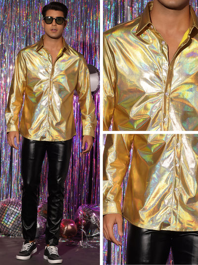 Metallic Shirts for Men's Long Sleeves Button Down Disco Party Holographic Shirt