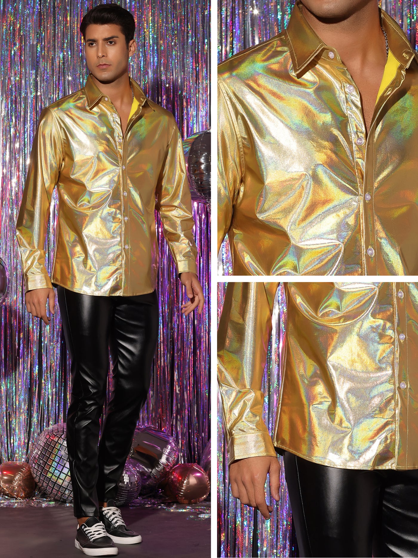 Bublédon Metallic Shirts for Men's Long Sleeves Button Down Disco Party Holographic Shirt