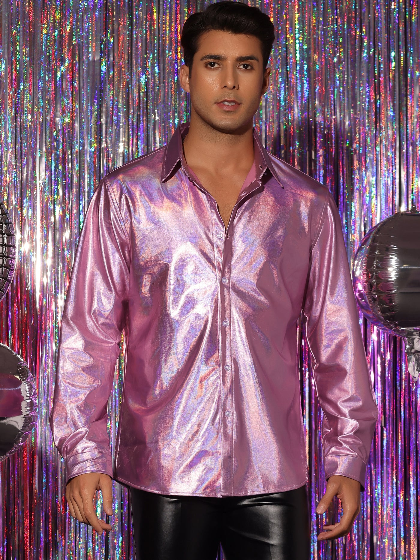 Bublédon Metallic Shirts for Men's Long Sleeves Button Down Disco Party Holographic Shirt