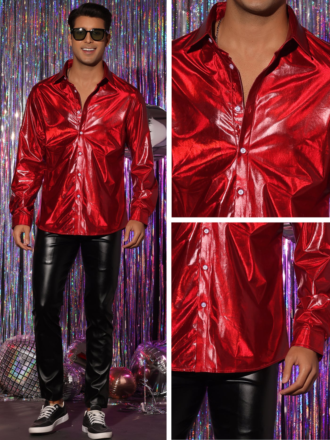 Bublédon Metallic Shirts for Men's Long Sleeves Button Down Disco Party Holographic Shirt