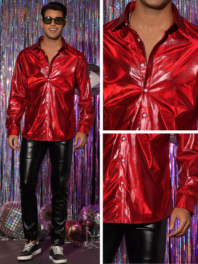 Metallic Shirts for Men's Long Sleeves Button Down Disco Party Holographic Shirt