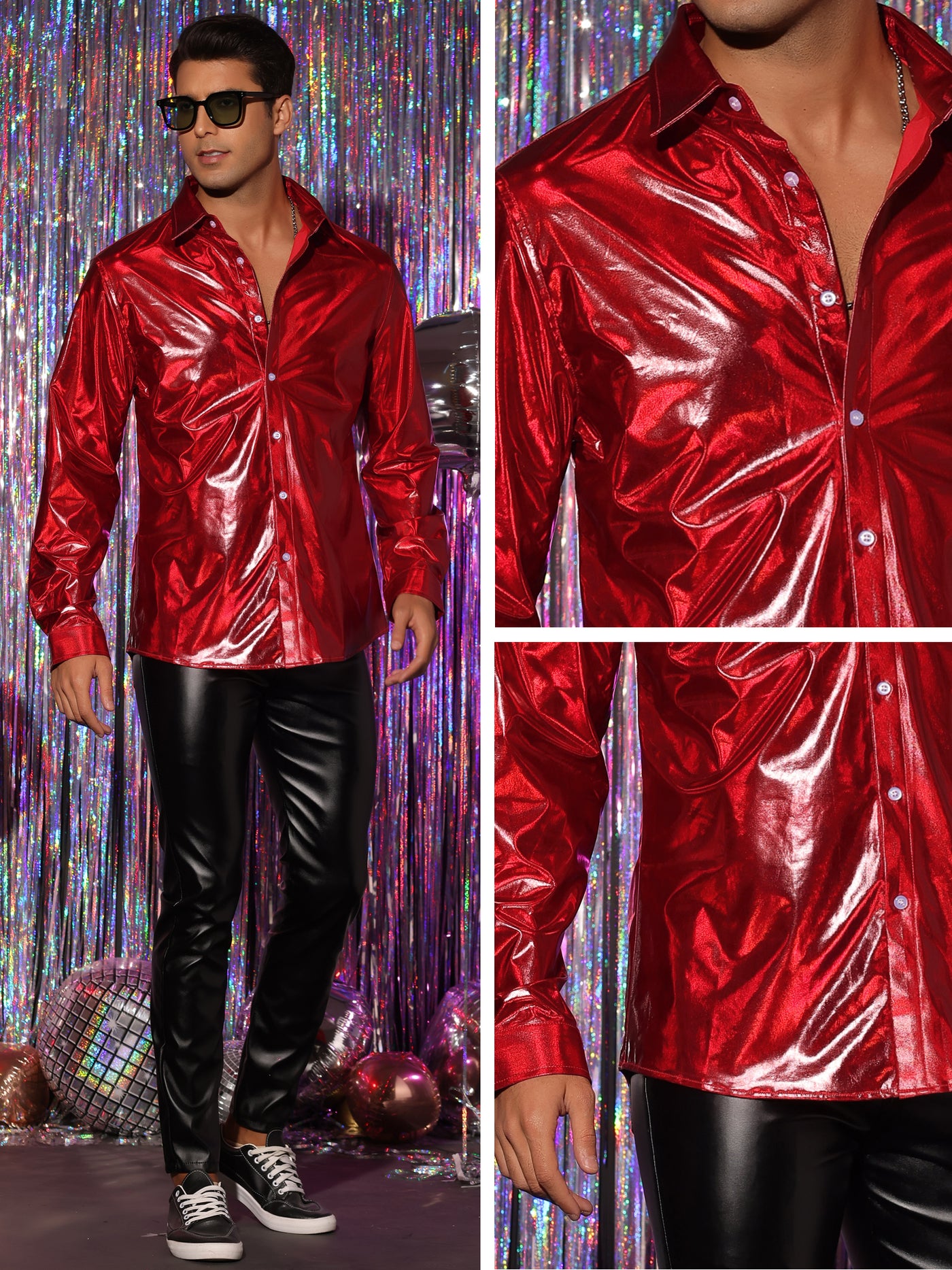 Bublédon Metallic Shirts for Men's Long Sleeves Button Down Disco Party Holographic Shirt