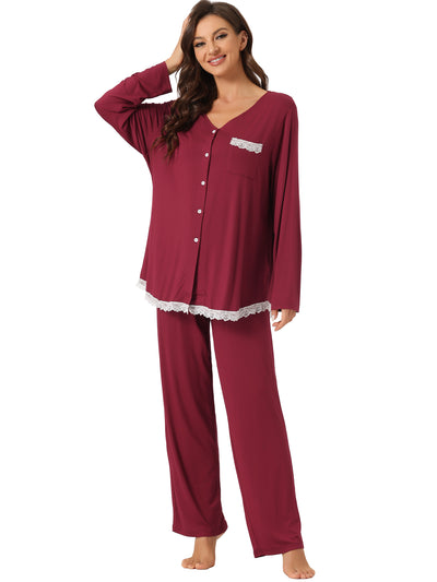 Womens Lounge Modal Casual Button Down Tops with Pants Stretchy Soft Pajama Sets