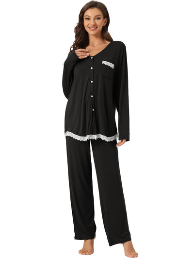 Womens Lounge Modal Casual Button Down Tops with Pants Stretchy Soft Pajama Sets