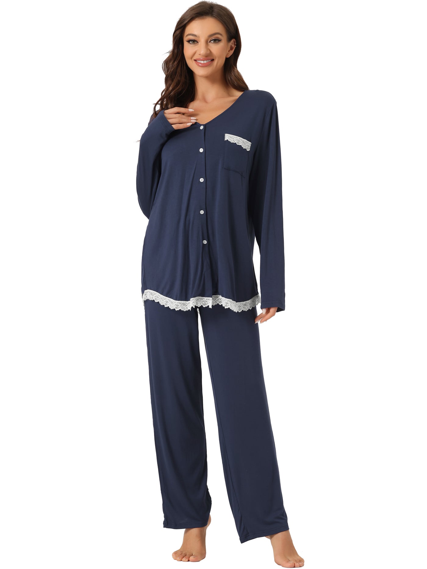 Bublédon Womens Lounge Modal Casual Button Down Tops with Pants Stretchy Soft Pajama Sets