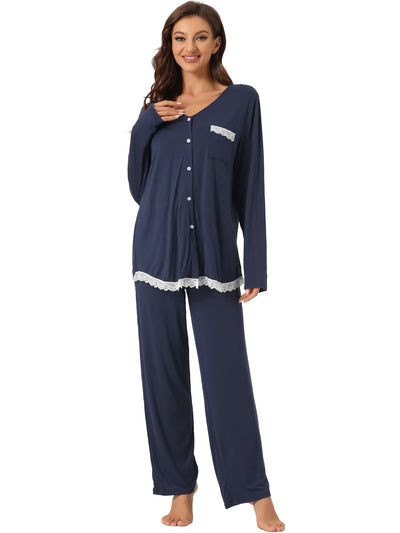 Womens Lounge Modal Casual Button Down Tops with Pants Stretchy Soft Pajama Sets