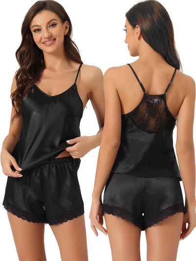 Womens Satin Pajamas Sleeveless Lace Trim Camisole Tops with Shorts Sliky Lounge Sets