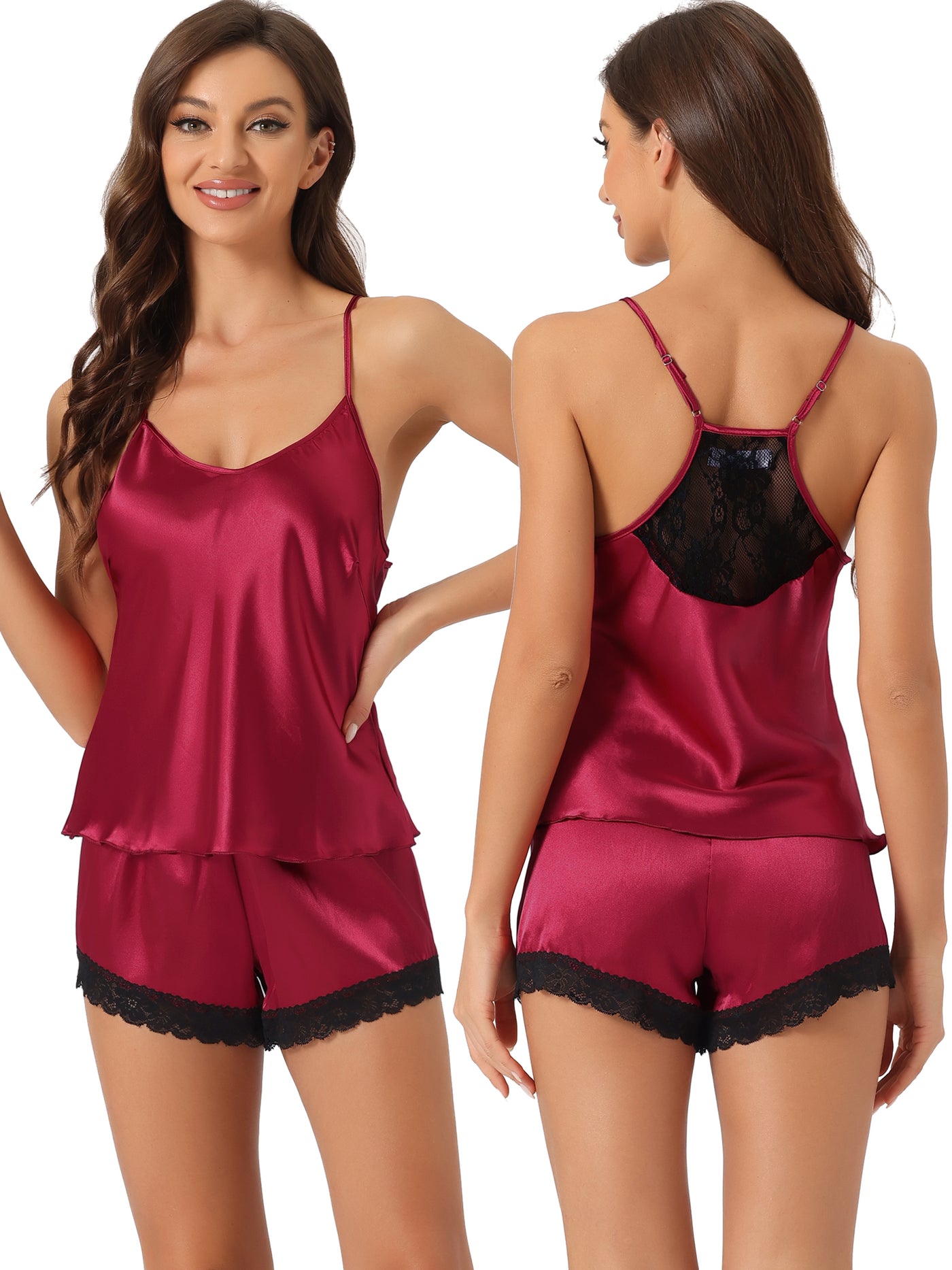 Bublédon Womens Satin Pajamas Sleeveless Lace Trim Camisole Tops with Shorts Sliky Lounge Sets