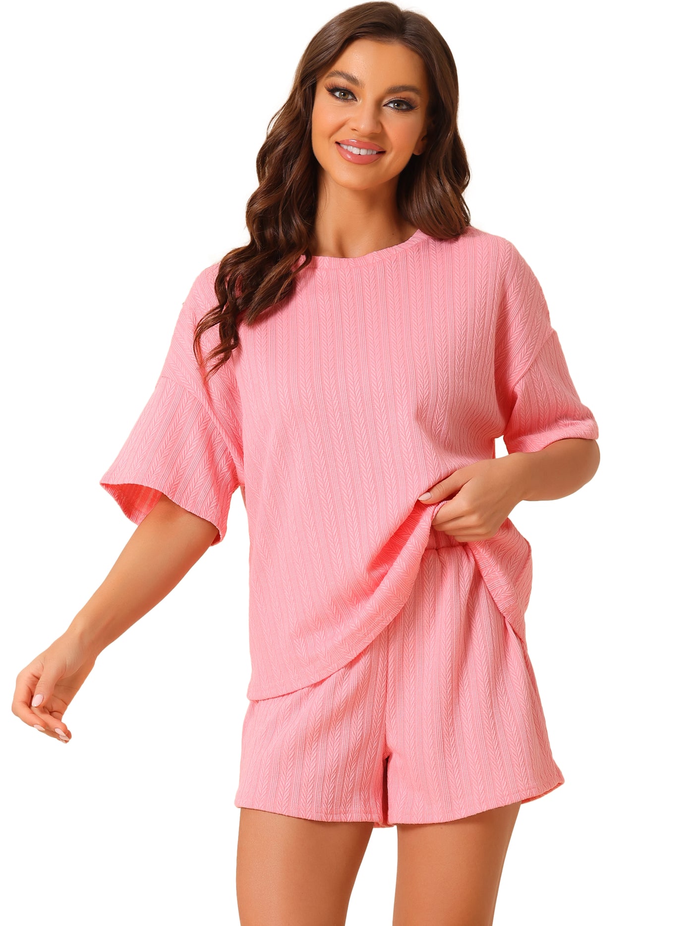 Bublédon Women's 2 Pieces Textured Ribbed Short Sleeves Tops & Shorts Pajama Lounge Set