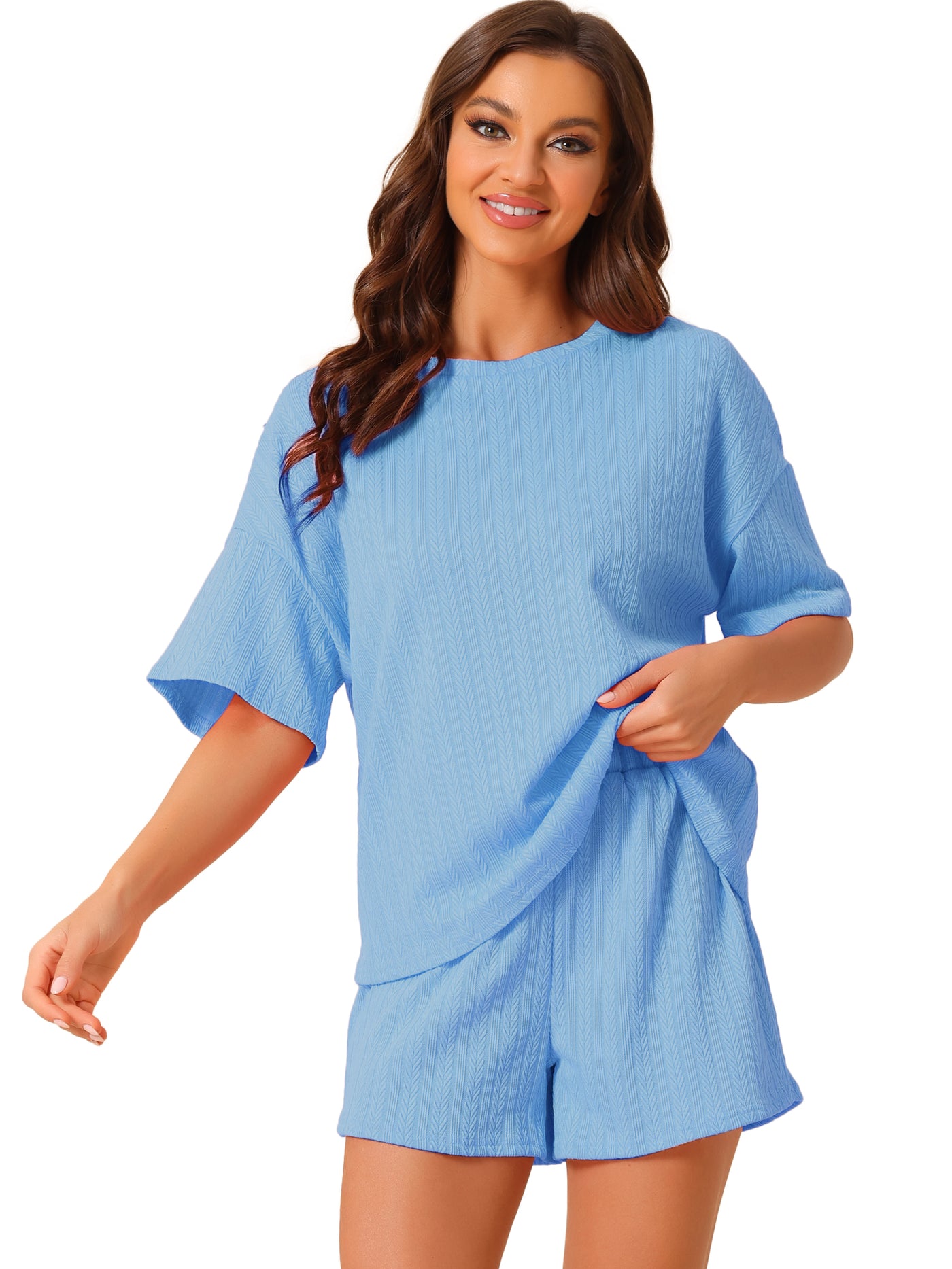 Bublédon Women's 2 Pieces Textured Ribbed Short Sleeves Tops & Shorts Pajama Lounge Set