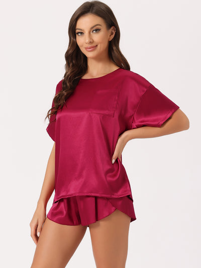 Women Satin Pajama Spring Summer Short Sleeve Pullover T-shirt with Shorts Lounge Sets