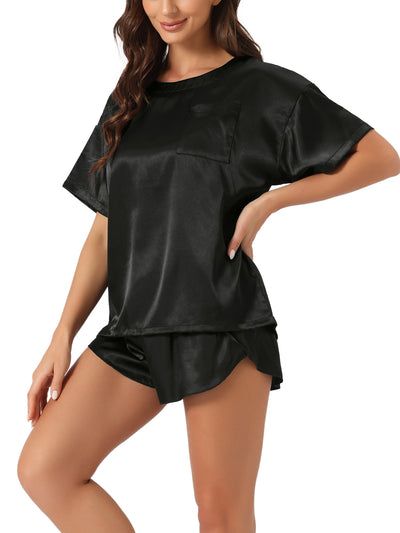 Women Satin Pajama Spring Summer Short Sleeve Pullover T-shirt with Shorts Lounge Sets