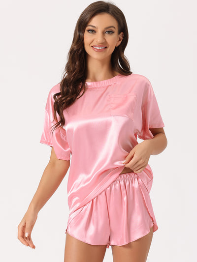 Women Satin Pajama Spring Summer Short Sleeve Pullover T-shirt with Shorts Lounge Sets