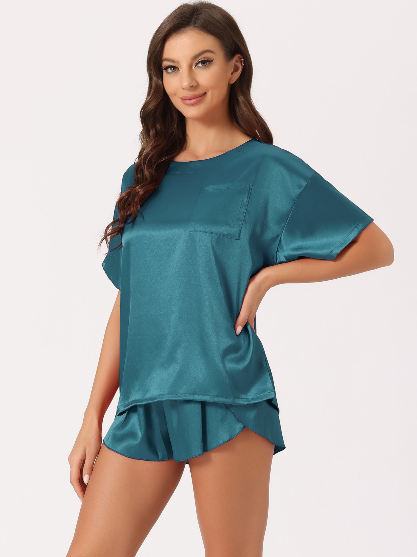 Bublédon Women Satin Pajama Spring Summer Short Sleeve Pullover T-shirt with Shorts Lounge Sets