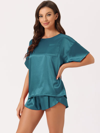 Women Satin Pajama Spring Summer Short Sleeve Pullover T-shirt with Shorts Lounge Sets