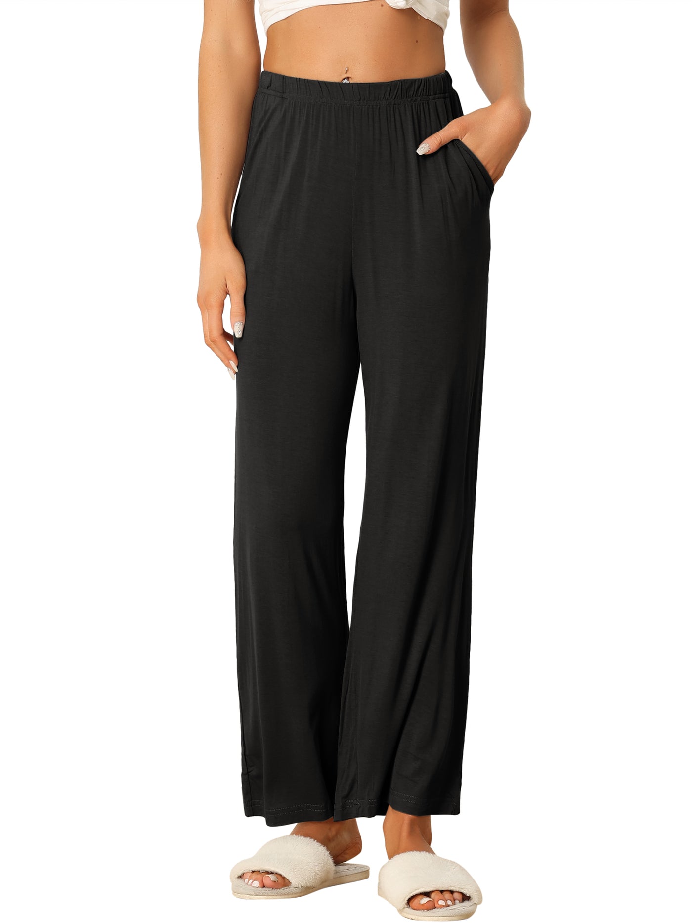 Bublédon Womens Cotton Elastic Waist Wide-Leg Straight Pants Sleepwear with Pockets