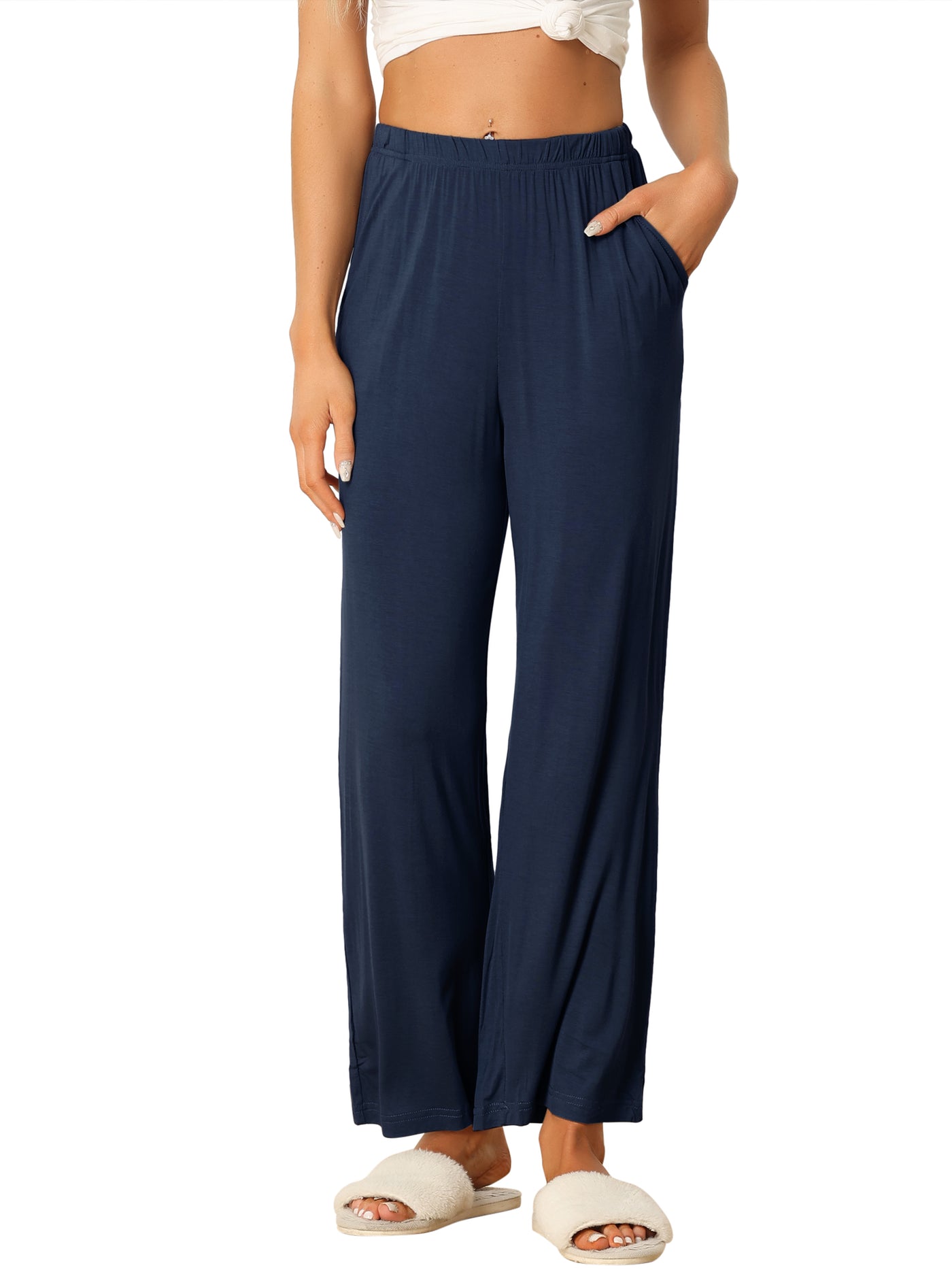 Bublédon Womens Cotton Elastic Waist Wide-Leg Straight Pants Sleepwear with Pockets