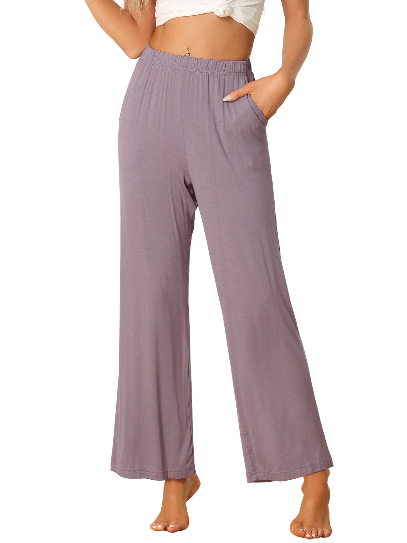 Bublédon Womens Cotton Elastic Waist Wide-Leg Straight Pants Sleepwear with Pockets