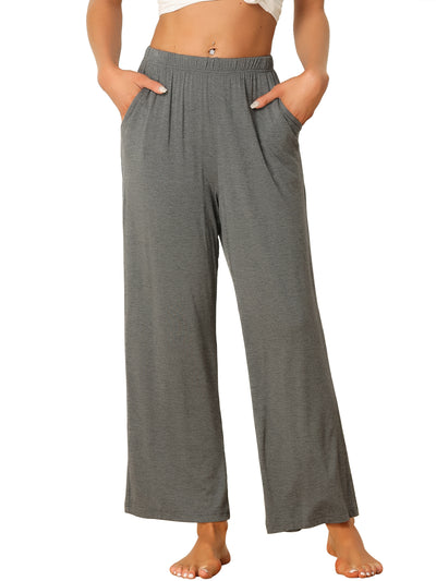 Womens Cotton Elastic Waist Wide-Leg Straight Pants Sleepwear with Pockets