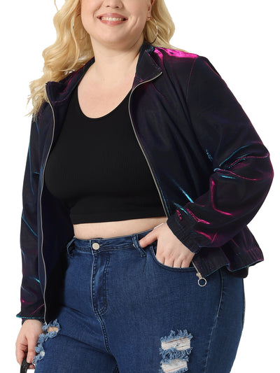 Plus Size Mesh Jackets for Women Holographic Long Sleeve Zip Up Clubwear Party Jacket