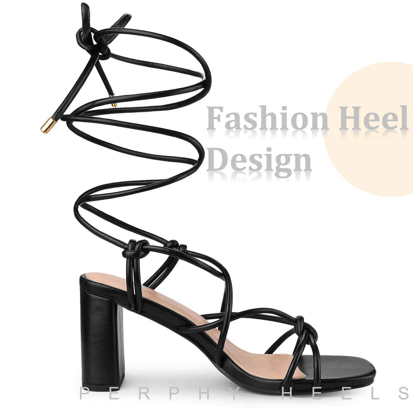 Bublédon Square Toe Strappy Lace Up Slingback Chunky Heel Sandals