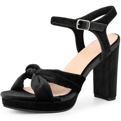 Platform Strappy Velvet Bow Block Heel Sandals for Women