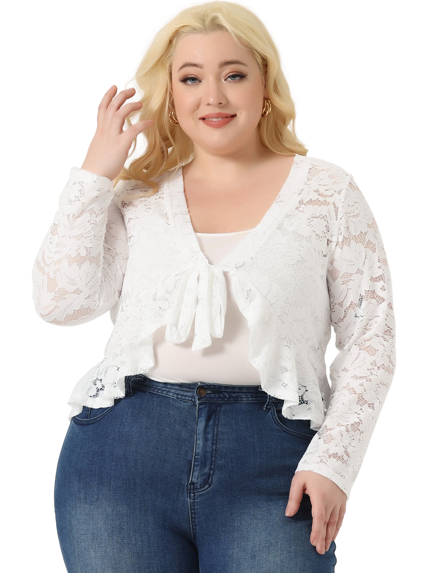 Bublédon Plus Size Cardigan for Women Bolero Shrug 3/4 Sleeve Tie Front Sheer Lace Crop Cardigans