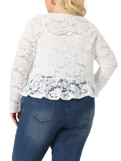 Plus Size Cardigan for Women Bolero Shrug 3/4 Sleeve Tie Front Sheer Lace Crop Cardigans