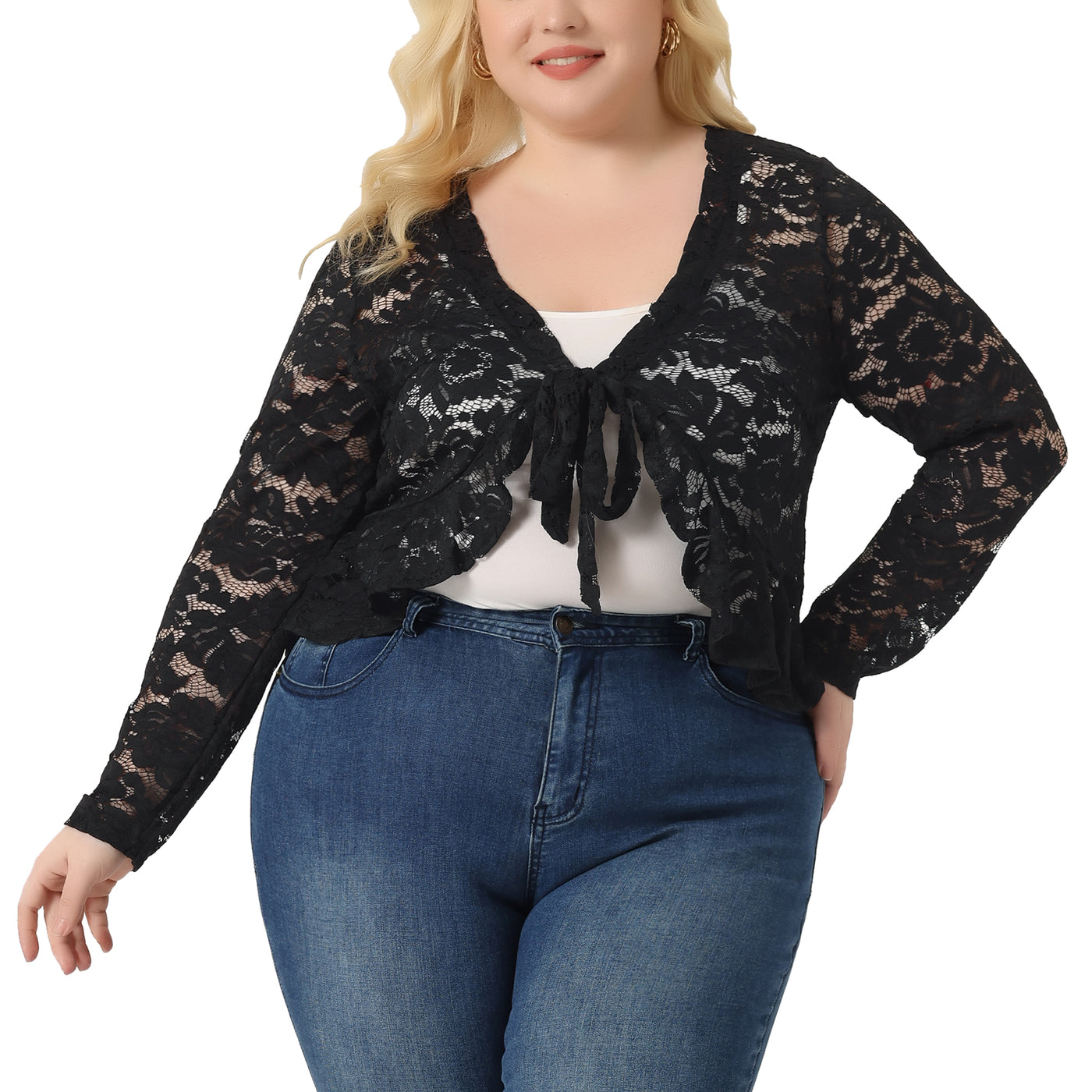 Bublédon Plus Size Cardigan for Women Bolero Shrug 3/4 Sleeve Tie Front Sheer Lace Crop Cardigans