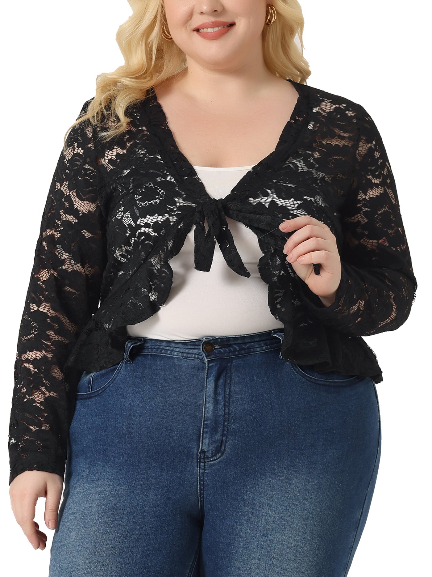 Bublédon Plus Size Cardigan for Women Bolero Shrug 3/4 Sleeve Tie Front Sheer Lace Crop Cardigans