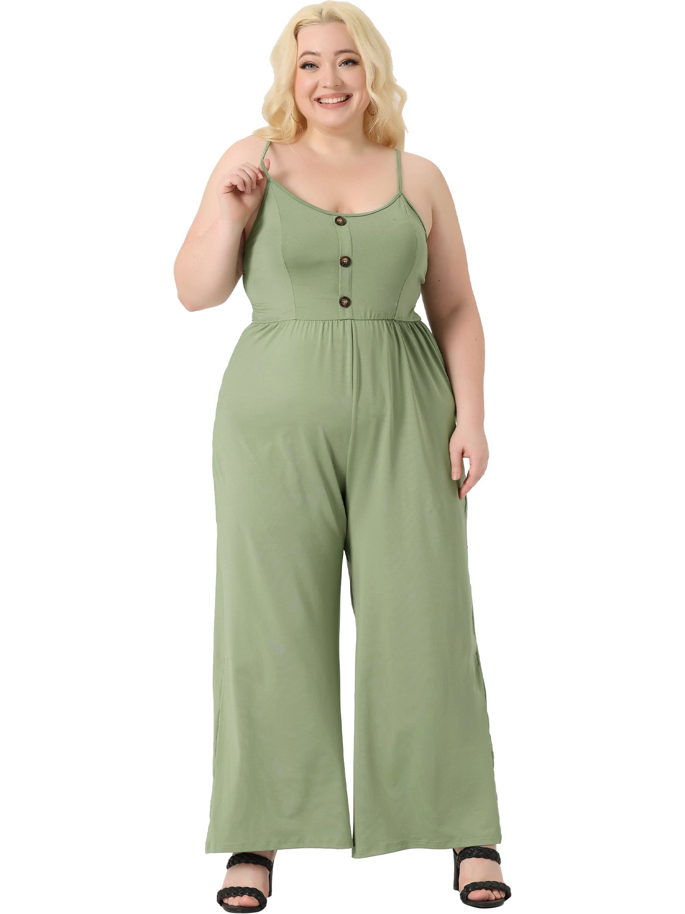 Bublédon H Line Knit Button Decor Elastic Waist Jumpsuit