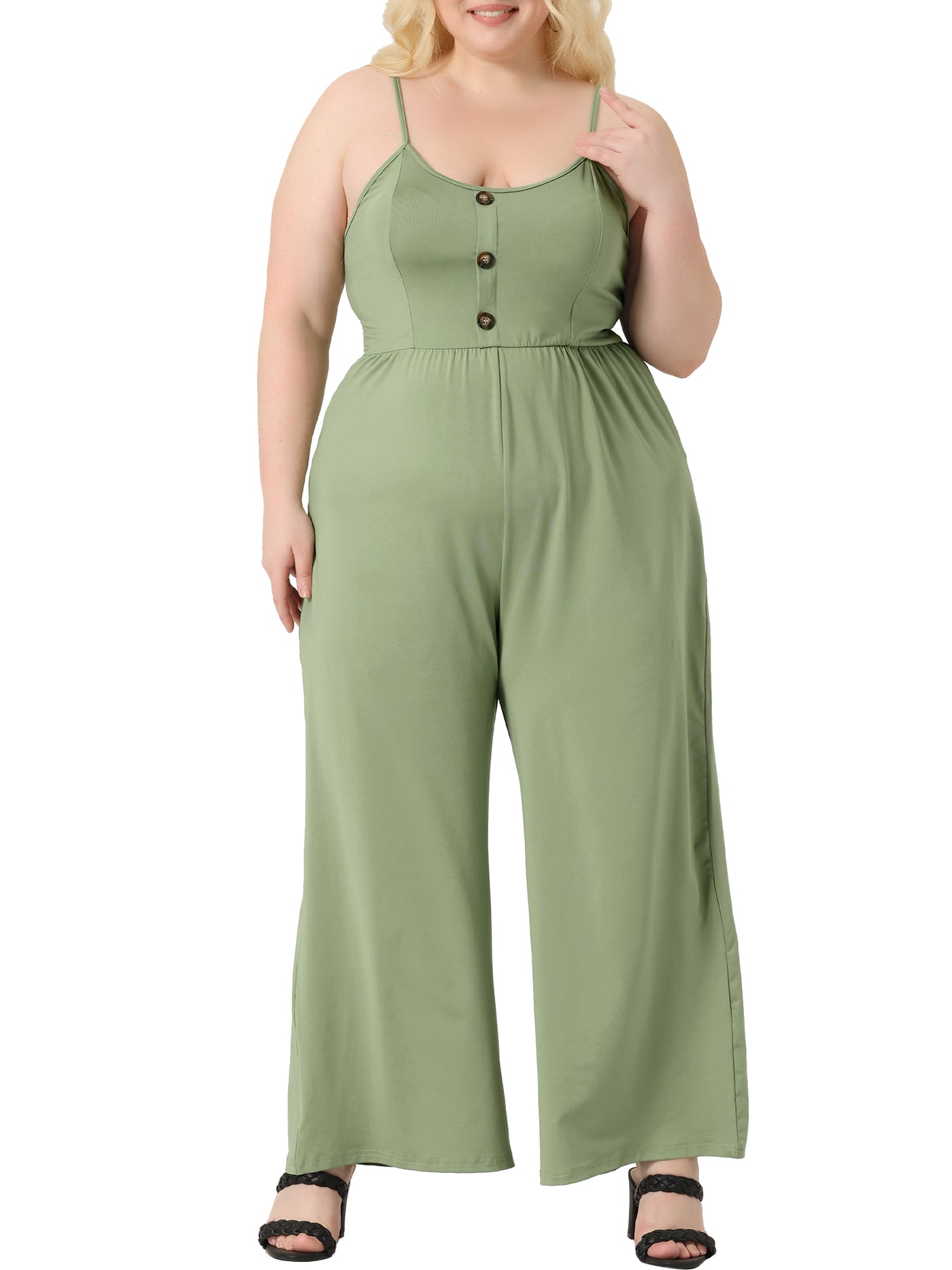 Bublédon H Line Knit Button Decor Elastic Waist Jumpsuit