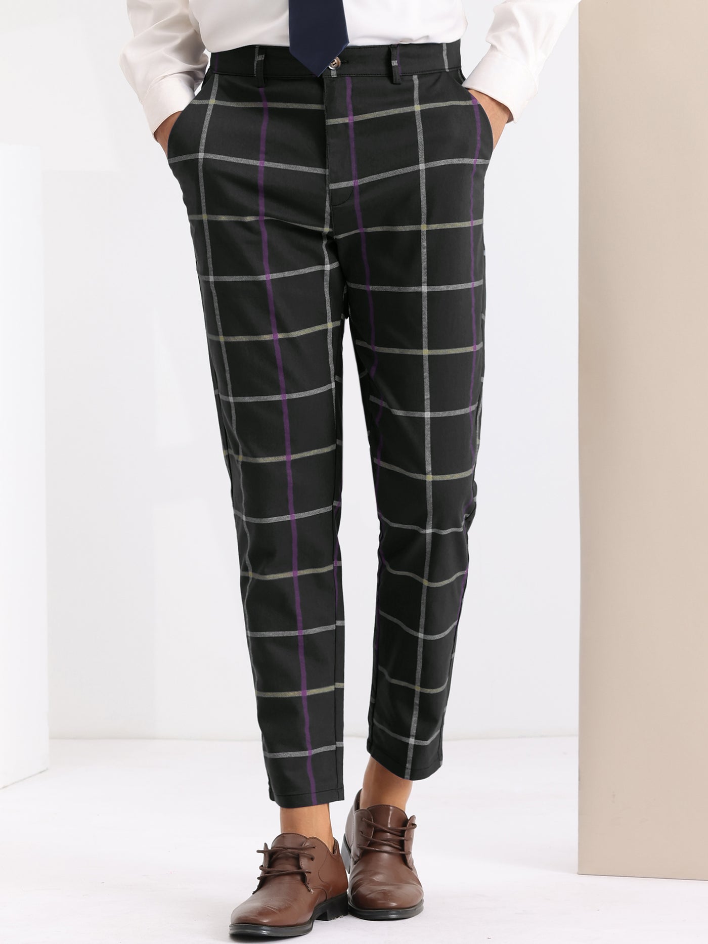 Bublédon Plaid Tapered Zipper Flat Front Formal Dress Pants