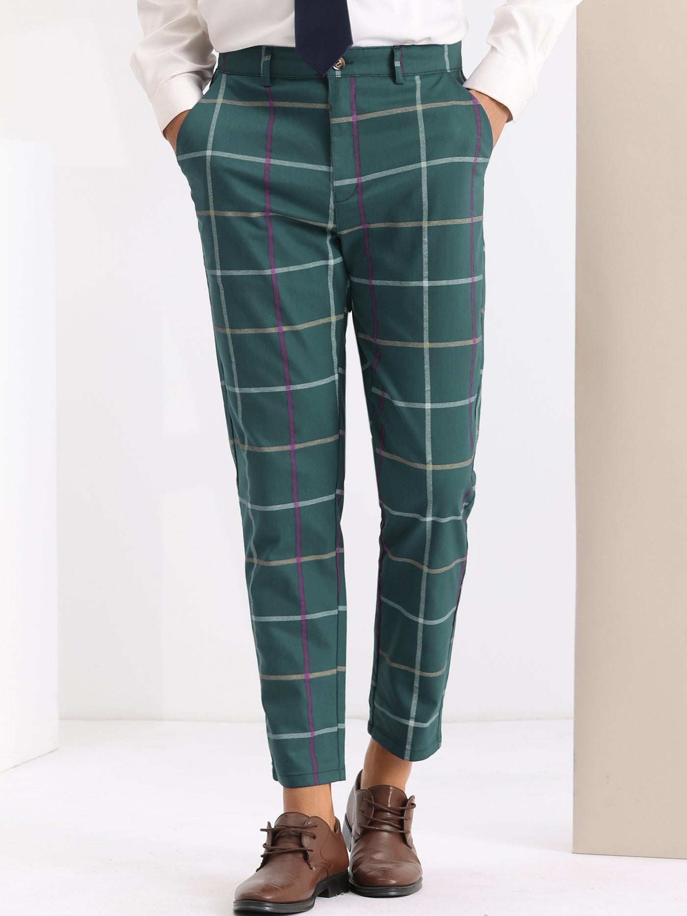 Bublédon Plaid Tapered Zipper Flat Front Formal Dress Pants