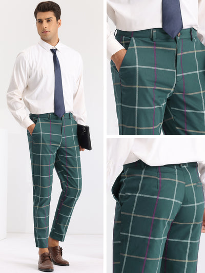 Plaid Tapered Zipper Flat Front Formal Dress Pants