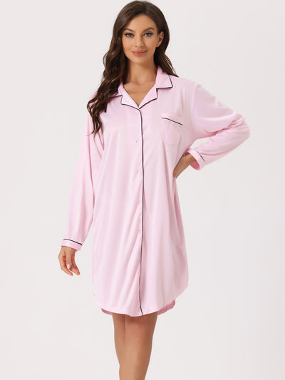 Womens Satin Button Down Nightgown Long Sleeve Silky Boyfriend Nightshirt