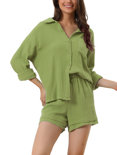 Womens Sleepwear Button Down Long Sleeve Shirt with Shorts Casual Lounge Sets